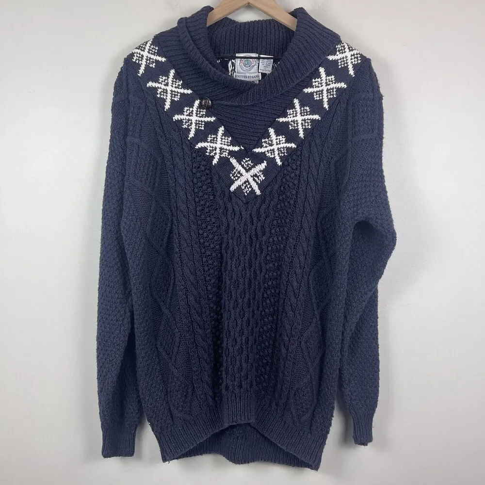 Vintage Cape Isle Knitters Men Collared Sweater Sz L Blue Heavy Fisherman Nordic